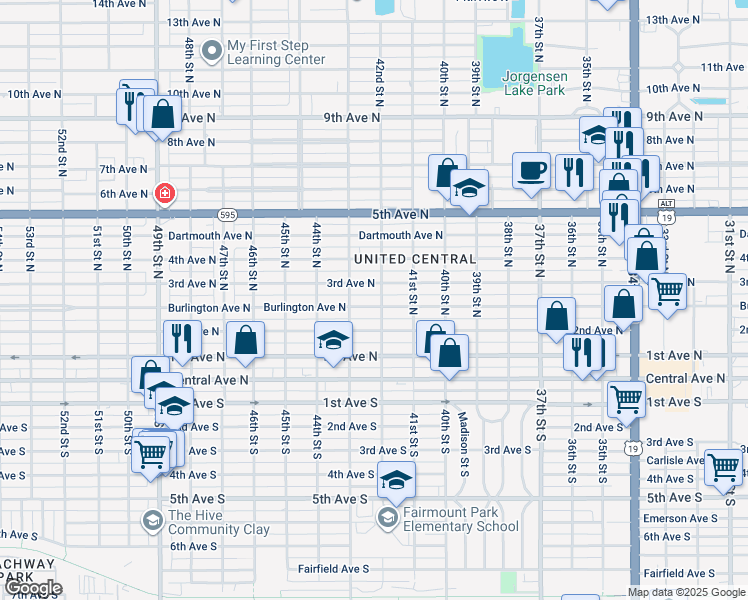 map of restaurants, bars, coffee shops, grocery stores, and more near 4201 Burlington Avenue North in St. Petersburg
