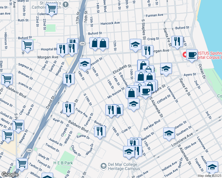 map of restaurants, bars, coffee shops, grocery stores, and more near 1538 16th Street in Corpus Christi