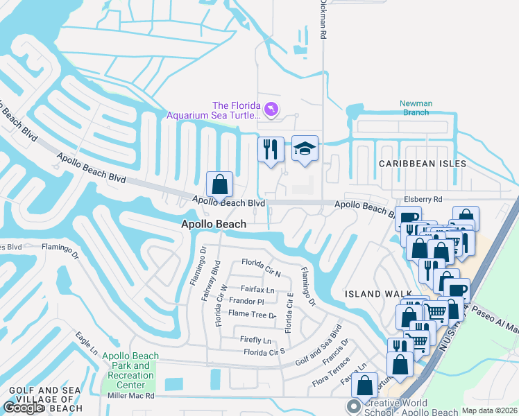 map of restaurants, bars, coffee shops, grocery stores, and more near 6411 Oyster Island Cove in Apollo Beach