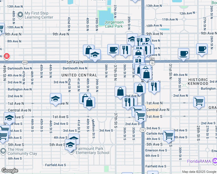 map of restaurants, bars, coffee shops, grocery stores, and more near 3753 Burlington Avenue North in St. Petersburg