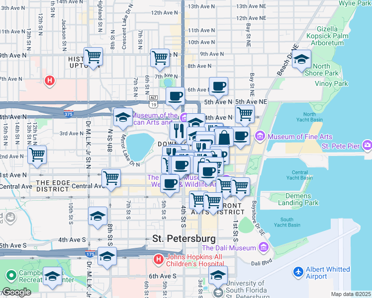 map of restaurants, bars, coffee shops, grocery stores, and more near 219 4th Street North in St. Petersburg