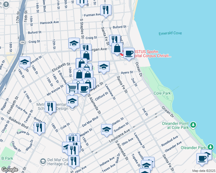 map of restaurants, bars, coffee shops, grocery stores, and more near 345 Palmero Street in Corpus Christi