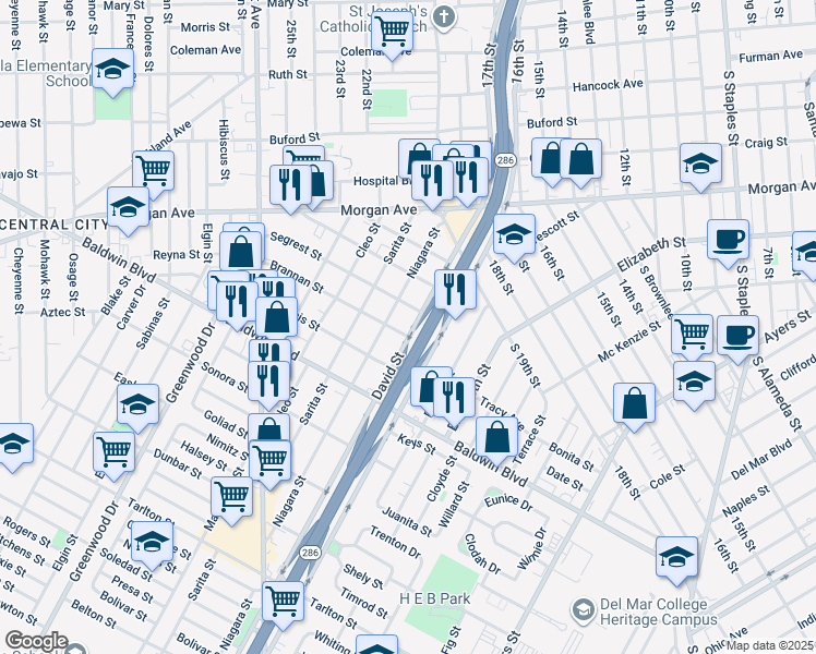 map of restaurants, bars, coffee shops, grocery stores, and more near 2417 David Street in Corpus Christi