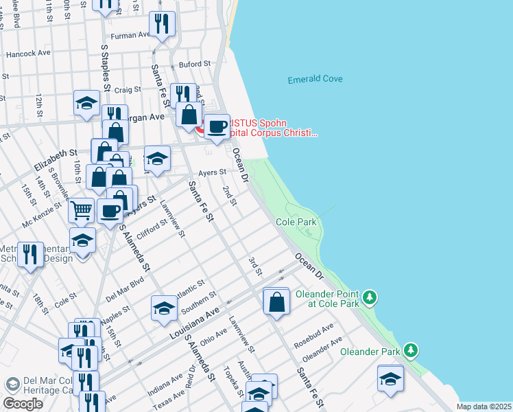 map of restaurants, bars, coffee shops, grocery stores, and more near 1617 Ocean Drive in Corpus Christi