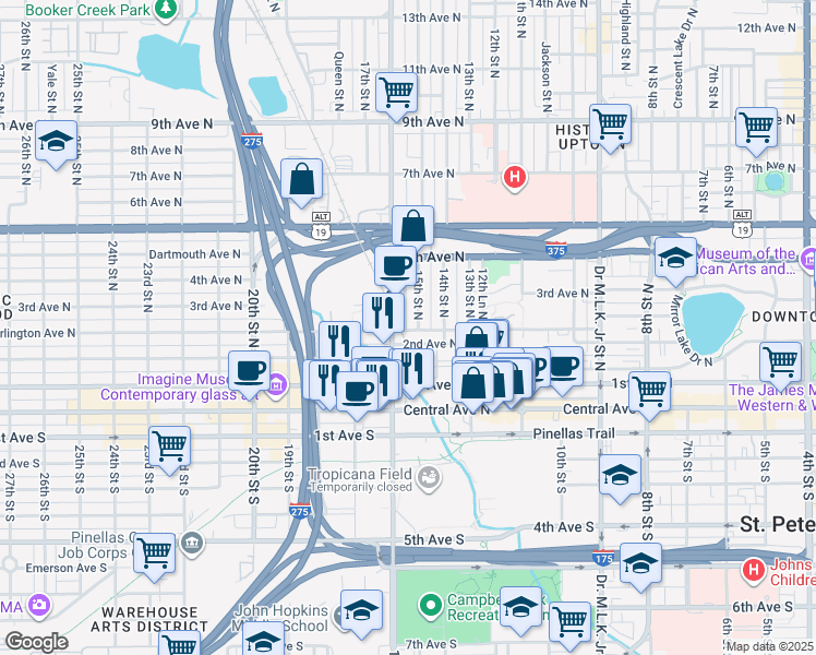map of restaurants, bars, coffee shops, grocery stores, and more near 1501 Burlington Avenue North in St. Petersburg