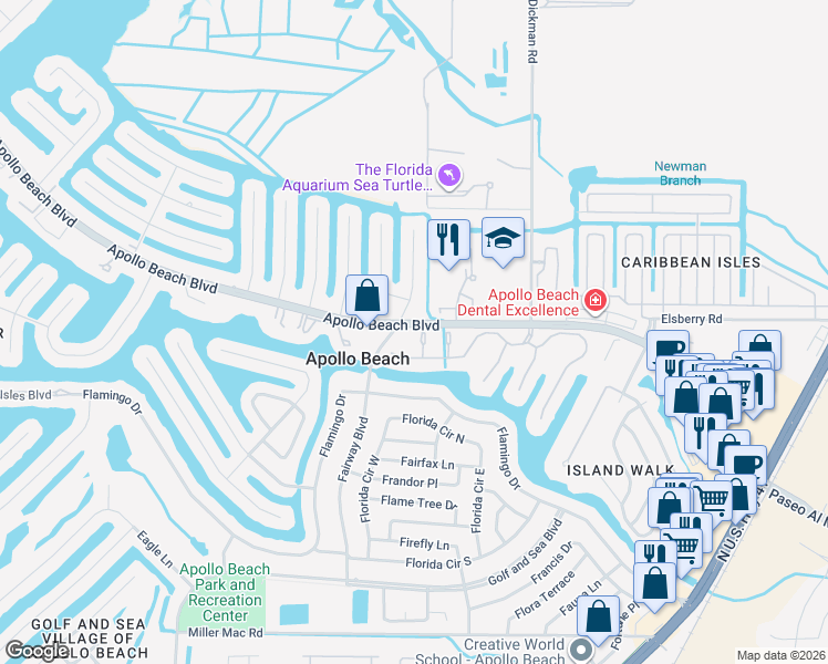 map of restaurants, bars, coffee shops, grocery stores, and more near 6412 Coquina Island Cove in Apollo Beach
