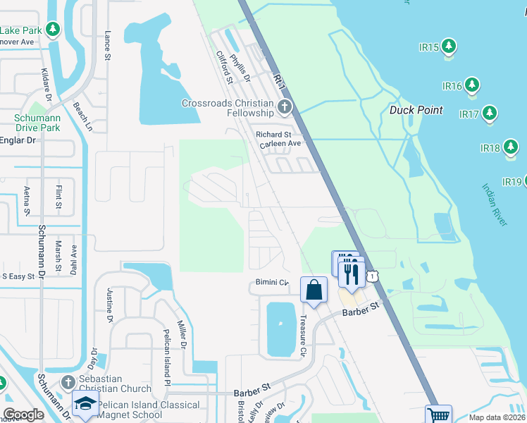 map of restaurants, bars, coffee shops, grocery stores, and more near 9896 61st Terrace in Sebastian