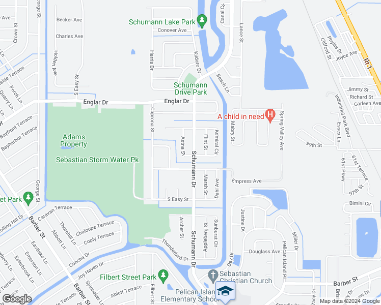 map of restaurants, bars, coffee shops, grocery stores, and more near 102 Aetna Street in Sebastian