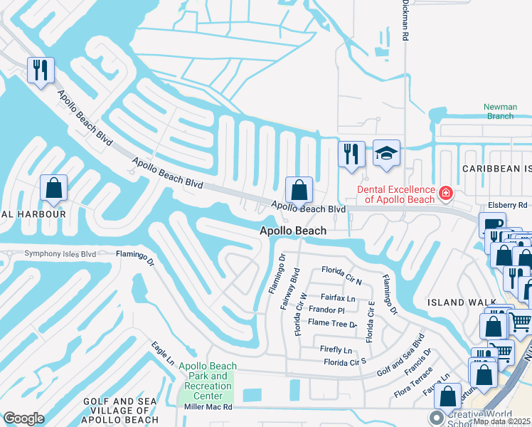 map of restaurants, bars, coffee shops, grocery stores, and more near 626 Yardarm Drive in Apollo Beach
