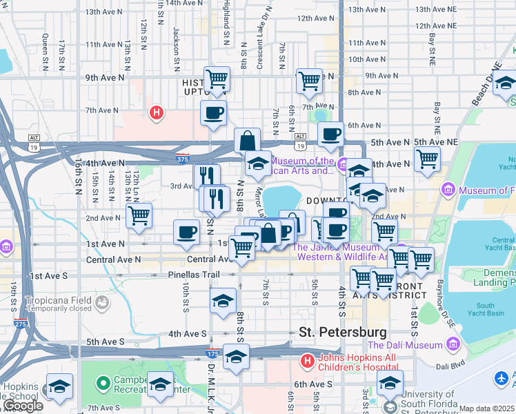 map of restaurants, bars, coffee shops, grocery stores, and more near 248 Mirror Lake Drive North in St. Petersburg