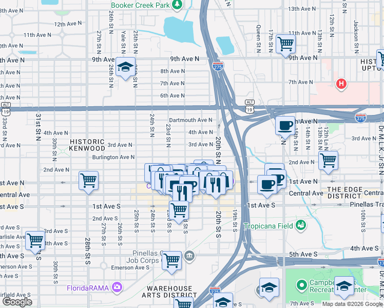 map of restaurants, bars, coffee shops, grocery stores, and more near 2111 Burlington Avenue North in St. Petersburg
