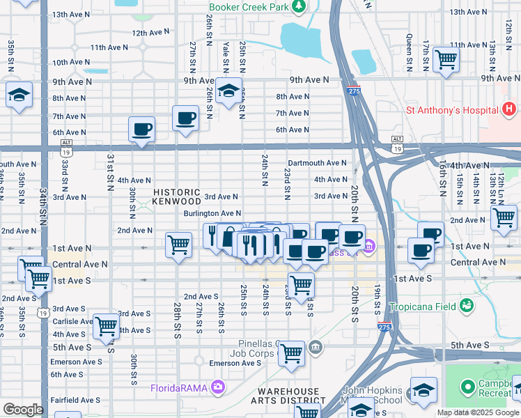 map of restaurants, bars, coffee shops, grocery stores, and more near 2435 Burlington Avenue North in St. Petersburg