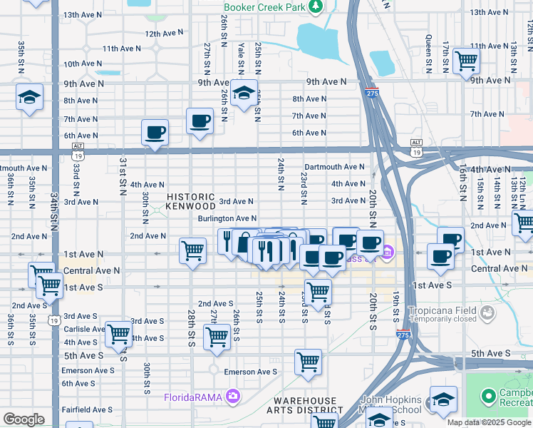 map of restaurants, bars, coffee shops, grocery stores, and more near 2435 Burlington Avenue North in St. Petersburg