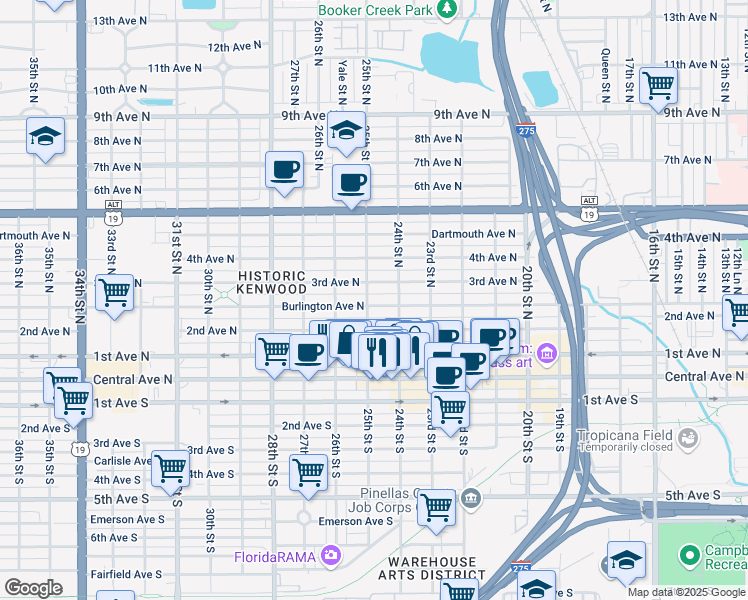 map of restaurants, bars, coffee shops, grocery stores, and more near 2435 Burlington Avenue North in St. Petersburg