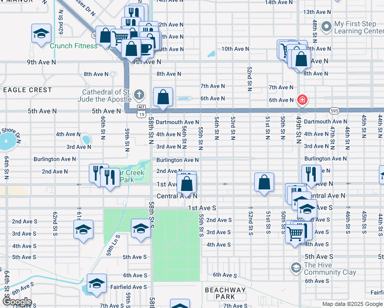 map of restaurants, bars, coffee shops, grocery stores, and more near 5521 Burlington Avenue North in St. Petersburg