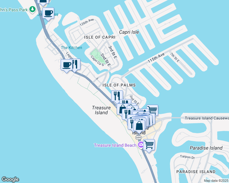 map of restaurants, bars, coffee shops, grocery stores, and more near 11420 1st Street East in Treasure Island