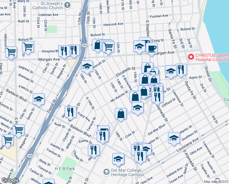map of restaurants, bars, coffee shops, grocery stores, and more near 1538 16th Street in Corpus Christi