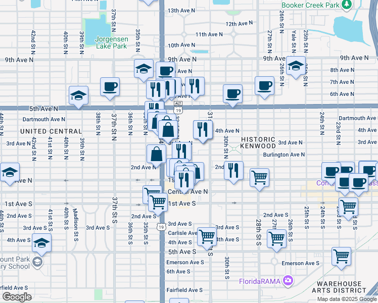map of restaurants, bars, coffee shops, grocery stores, and more near 250298 32nd Street North in St. Petersburg