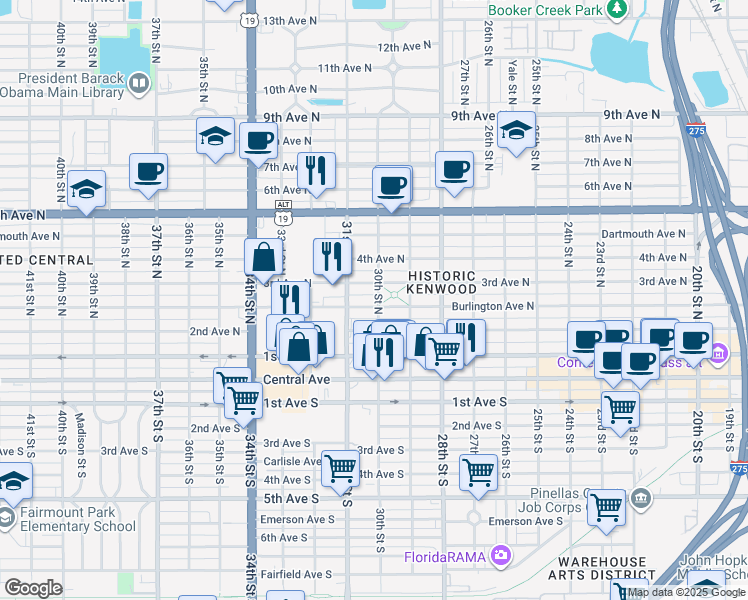 map of restaurants, bars, coffee shops, grocery stores, and more near 242 30th St N in St Petersburg