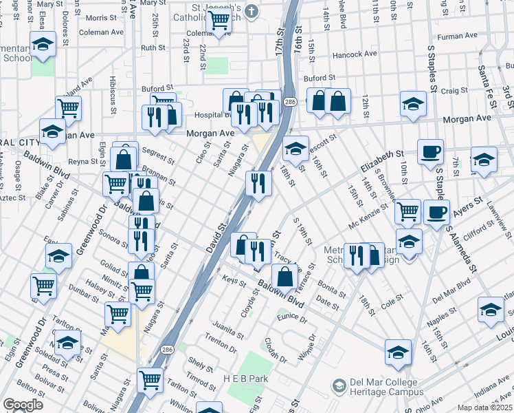map of restaurants, bars, coffee shops, grocery stores, and more near 2326 Prescott Street in Corpus Christi