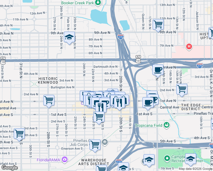 map of restaurants, bars, coffee shops, grocery stores, and more near 2111 Burlington Avenue North in St. Petersburg