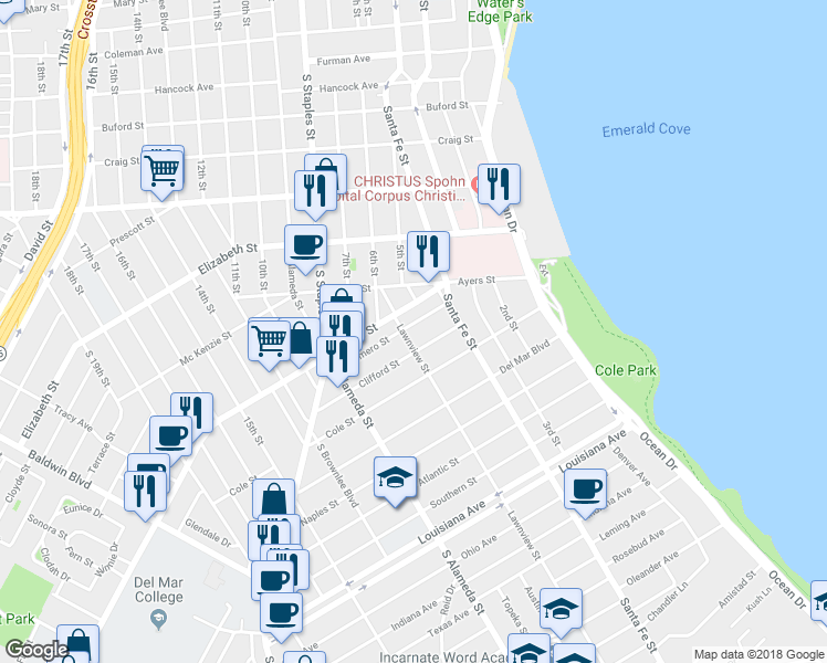 map of restaurants, bars, coffee shops, grocery stores, and more near 341 Palmero Street in Corpus Christi
