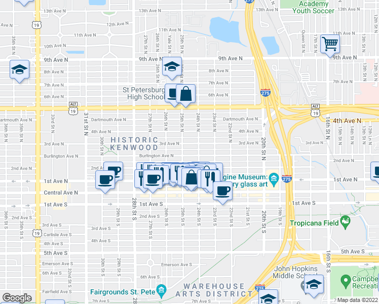 map of restaurants, bars, coffee shops, grocery stores, and more near 2435 Burlington Ave N in St Petersburg