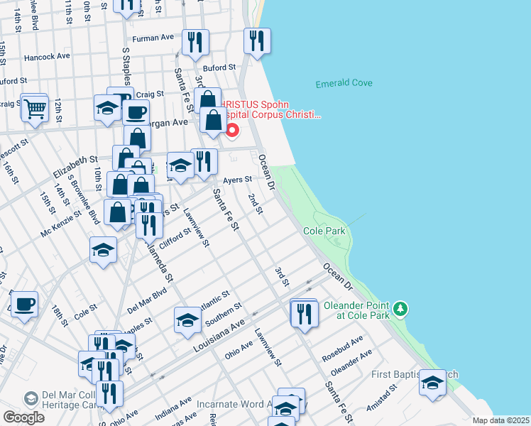 map of restaurants, bars, coffee shops, grocery stores, and more near 1810 2nd Street in Corpus Christi