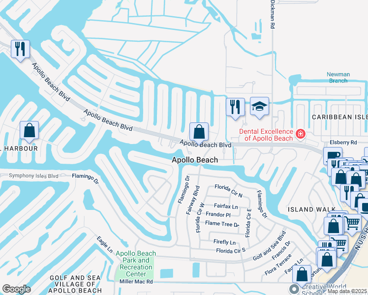 map of restaurants, bars, coffee shops, grocery stores, and more near 626 Yardarm Drive in Apollo Beach