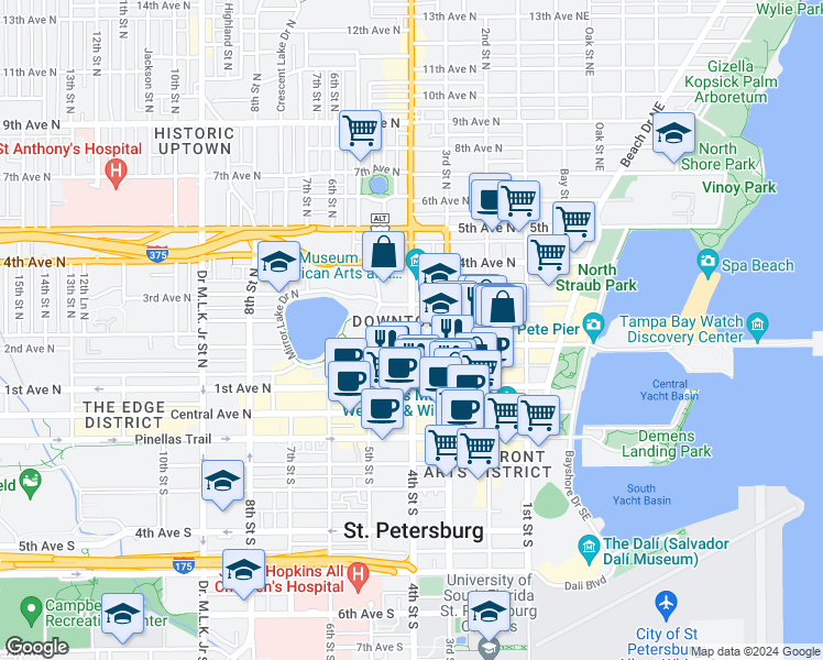 map of restaurants, bars, coffee shops, grocery stores, and more near 221 4th Street North in Saint Petersburg