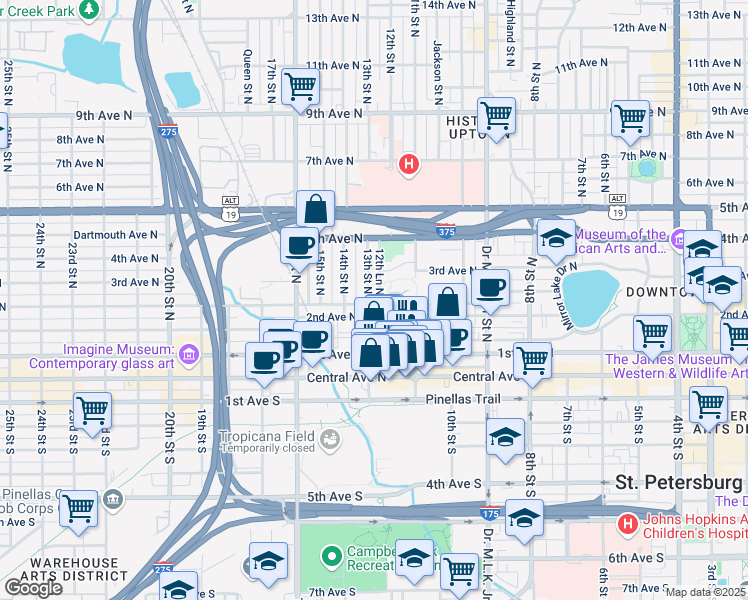 map of restaurants, bars, coffee shops, grocery stores, and more near 1235 Burlington Avenue North in St. Petersburg