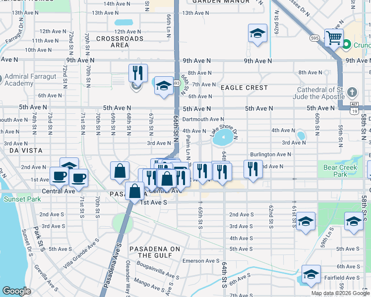 map of restaurants, bars, coffee shops, grocery stores, and more near 6544 Pasadena Avenue North in Saint Petersburg
