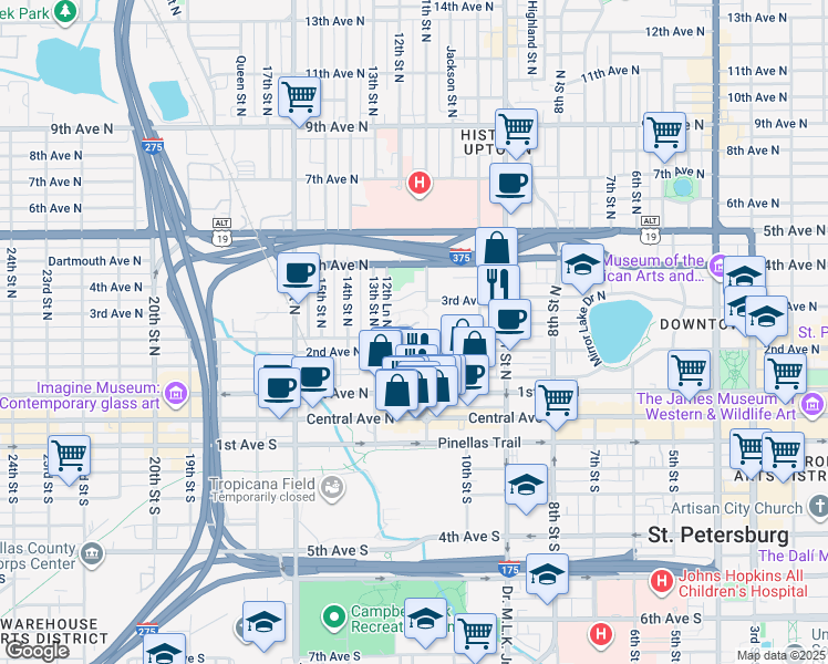 map of restaurants, bars, coffee shops, grocery stores, and more near 1158 23rd Avenue North in St. Petersburg