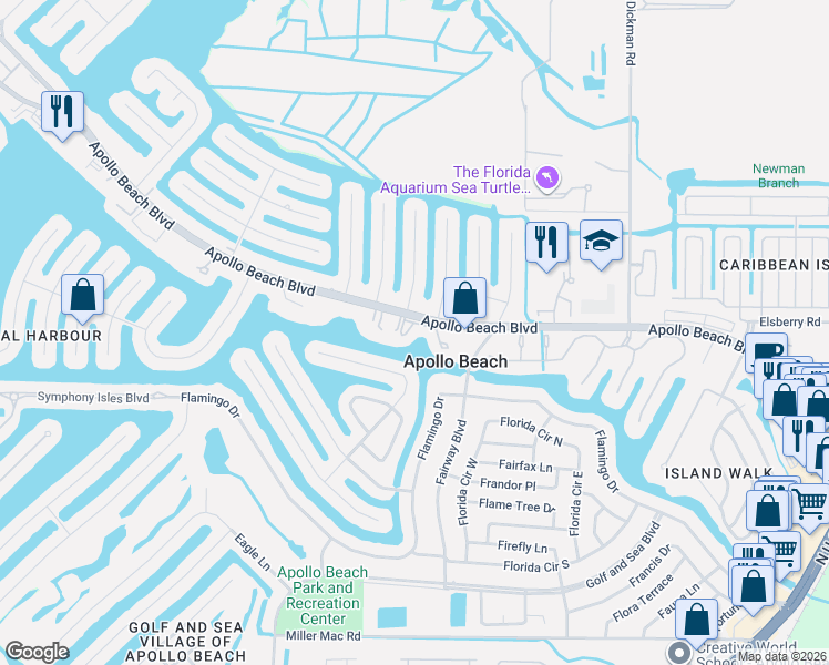 map of restaurants, bars, coffee shops, grocery stores, and more near 644 Yardarm Drive in Apollo Beach