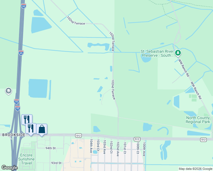 map of restaurants, bars, coffee shops, grocery stores, and more near 99the Way in Sebastian