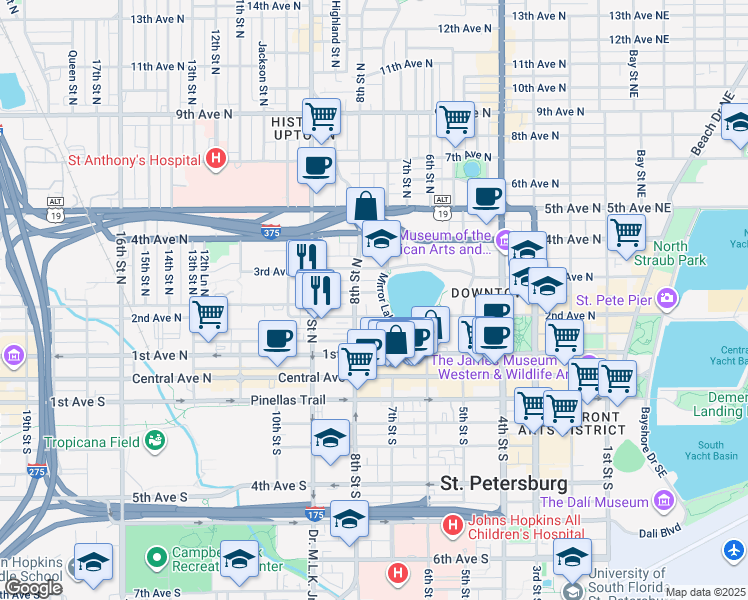 map of restaurants, bars, coffee shops, grocery stores, and more near 248 Mirror Lake Drive North in St. Petersburg