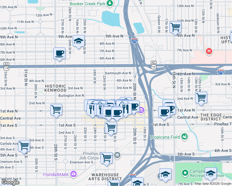 map of restaurants, bars, coffee shops, grocery stores, and more near 2217 Burlington Avenue North in St. Petersburg