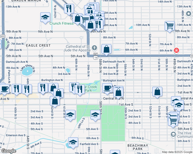map of restaurants, bars, coffee shops, grocery stores, and more near 250 58th Street North in St. Petersburg