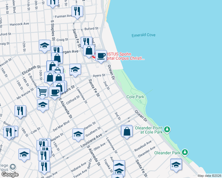 map of restaurants, bars, coffee shops, grocery stores, and more near 1810 2nd Street in Corpus Christi
