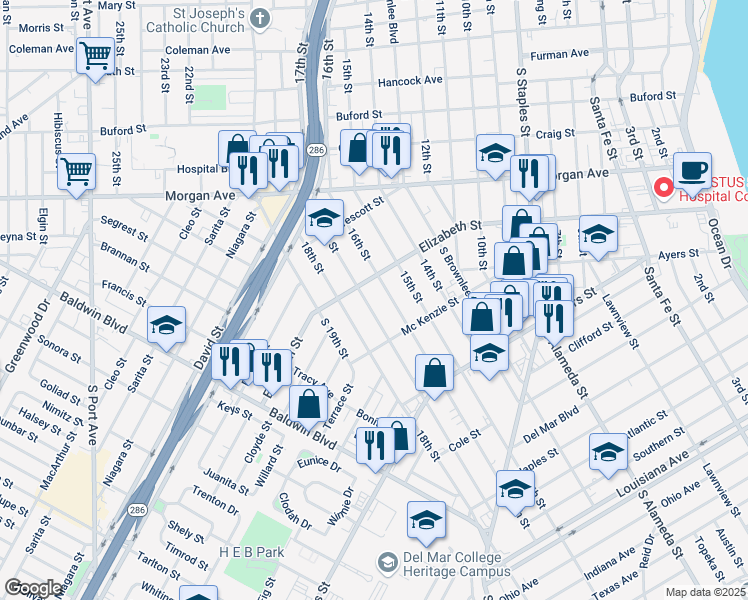 map of restaurants, bars, coffee shops, grocery stores, and more near 1514 17th Street in Corpus Christi