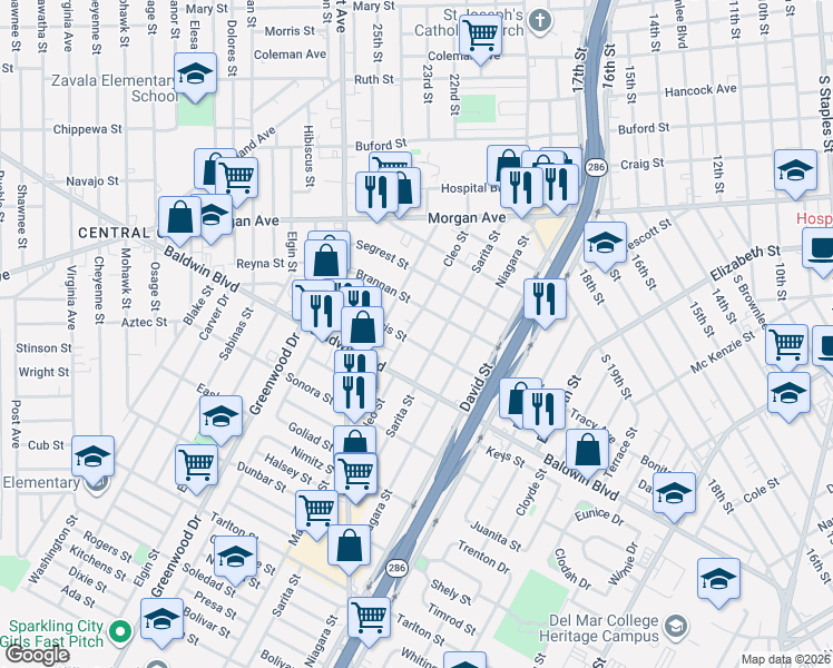 map of restaurants, bars, coffee shops, grocery stores, and more near 2522 Cleo Street in Corpus Christi