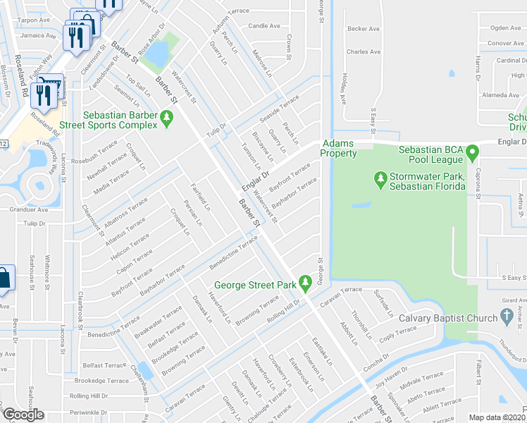 map of restaurants, bars, coffee shops, grocery stores, and more near 257 Watercrest Street in Sebastian