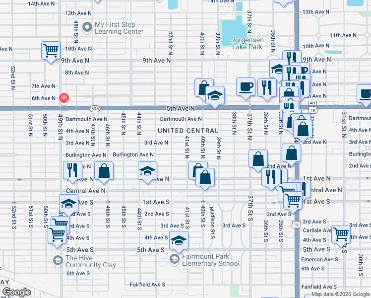 map of restaurants, bars, coffee shops, grocery stores, and more near 4105 Burlington Avenue North in Saint Petersburg