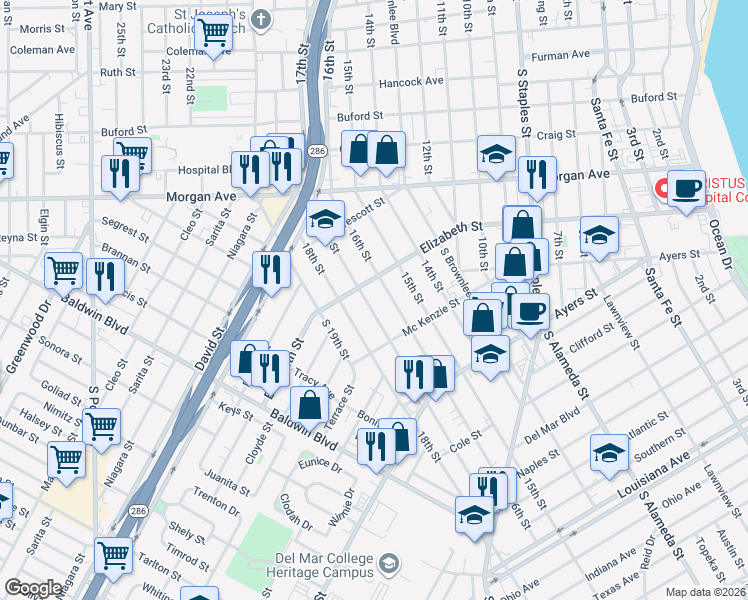 map of restaurants, bars, coffee shops, grocery stores, and more near 1514 17th Street in Corpus Christi