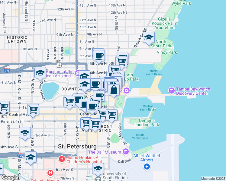 map of restaurants, bars, coffee shops, grocery stores, and more near 111 2nd Avenue Northeast in St. Petersburg
