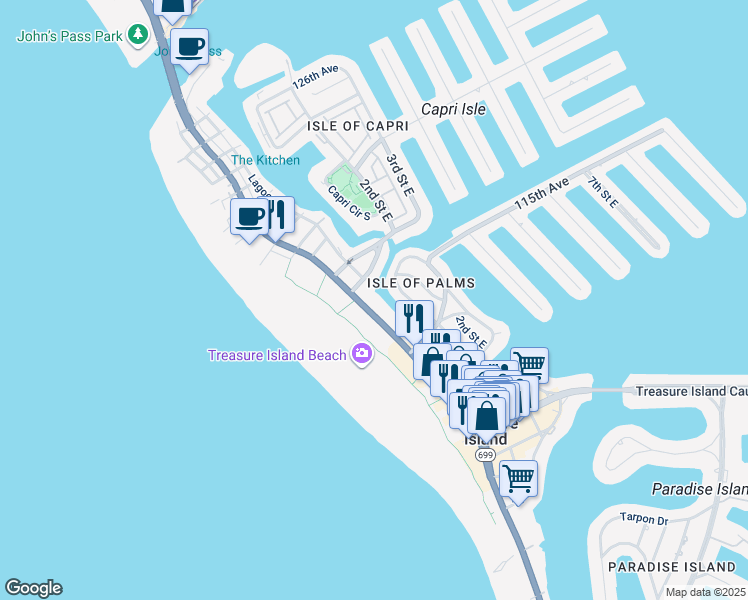 map of restaurants, bars, coffee shops, grocery stores, and more near 11525 Gulf Boulevard in Treasure Island