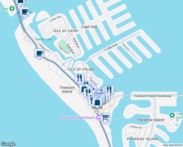 map of restaurants, bars, coffee shops, grocery stores, and more near 11211 3rd Street East in Treasure Island