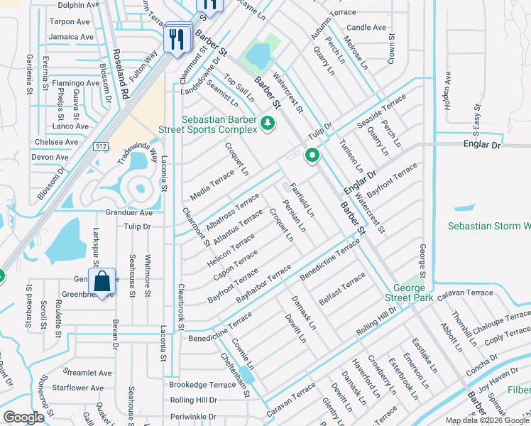 map of restaurants, bars, coffee shops, grocery stores, and more near 608 Atlantus Terrace in Sebastian