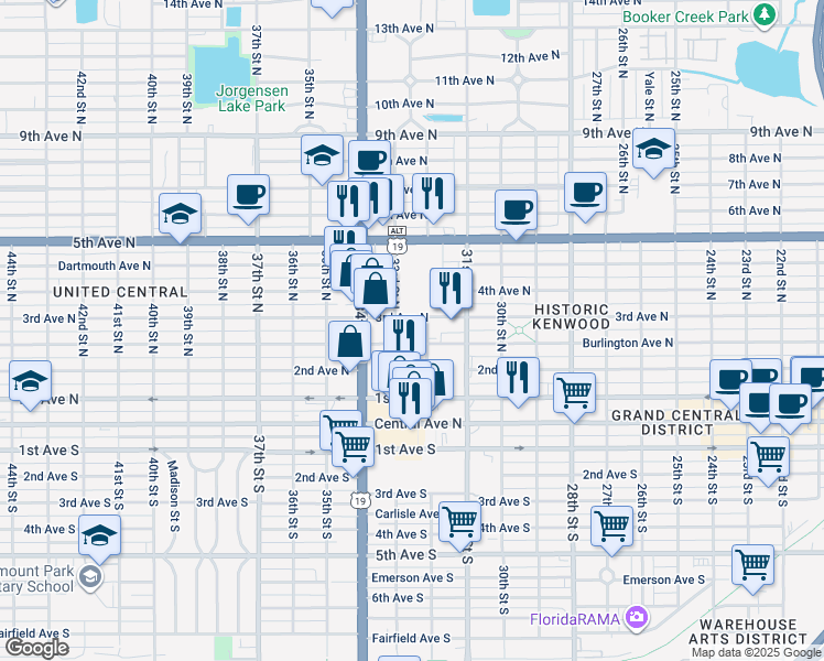 map of restaurants, bars, coffee shops, grocery stores, and more near 250298 32nd Street North in St. Petersburg
