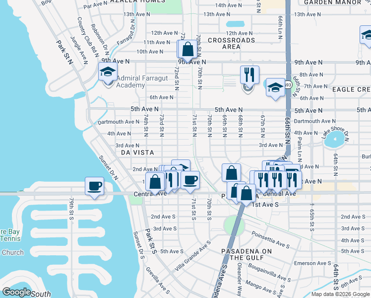 map of restaurants, bars, coffee shops, grocery stores, and more near 7111 Burlington Avenue North in St. Petersburg